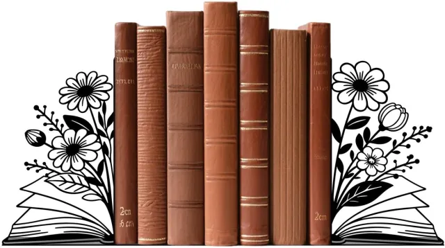 Famanu Decoratieve metalen boekensteunen voor planken, zwarte bloemenvorm, set van 2