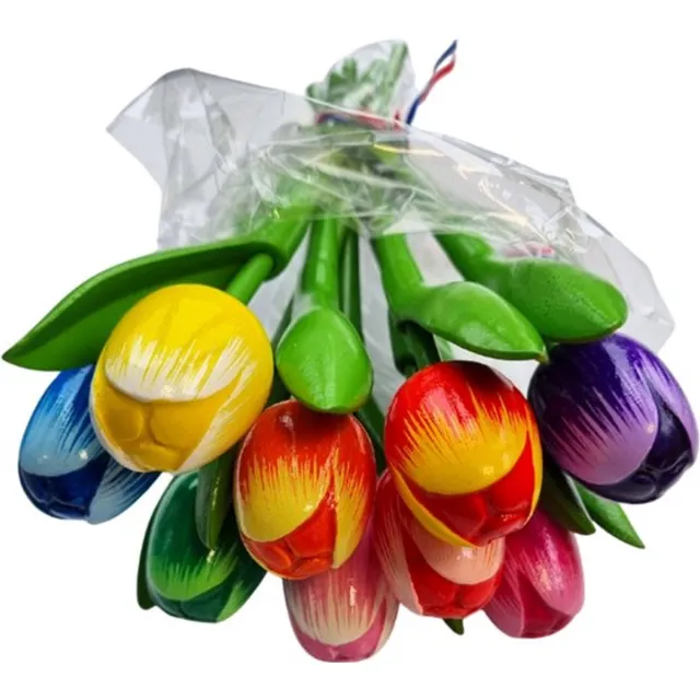 TRAA Boeketje houten tulpen - 9 kleuren in mix -20cm hoogte Groen