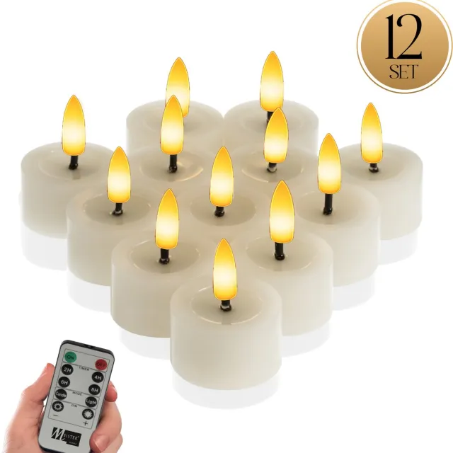 Meisterhome LED-theelichten 12-delige set Ivory - vlamloze LED kaarsen - flikkerend licht – LED waxinelichtjes – Ø 4,5 cm, hoogte 2,5 cm – echte wax – met timer & afstandsbediening – werkt op batterijen – warm wit licht Ivoor
