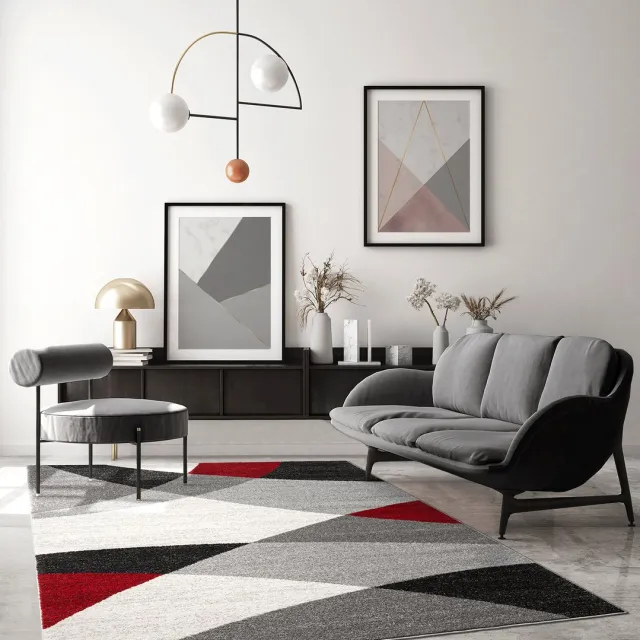 the carpet Pearl – modern kortflor vloerkleed met contourensnede, golvend geometrisch patroon, grijs rood, 80 x 140 cm