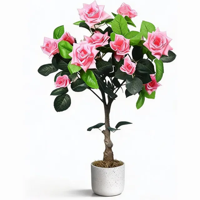 Triumpunpre decoratieve kunststruik - enkel stuk 75cm roze compacte groepsroos met pot voor kleine ruimtes