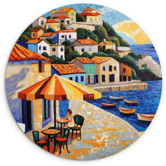 WallCircle Wandcirkel 60x60 cm - Muurcirkel Kustdorp - Huisjes - Mozaïek - Zee - Muurdecoratie woonkamer - Wanddecoratie slaapkamer - Kamer decoratie accessoires - Ronde schilderijen Zee - Dorp - Mozaïek