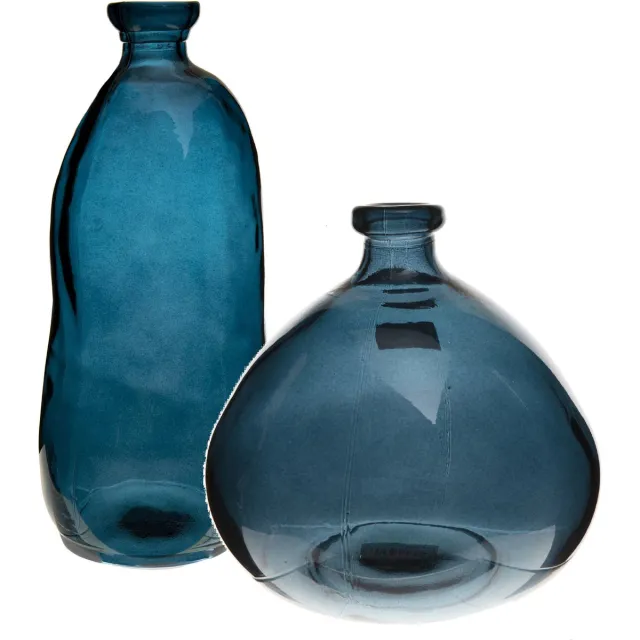 Atmosphera bloemenvazen set - 2x - Organische fles vorm - blauw transparant glas