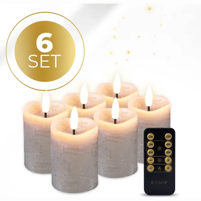 KENN LED Kaarsen op Batterijen – Echte Wax – Set van 6 – Rustiek Taupe – Tot 300 Branduren – Met Afstandsbediening & Timer – Inclusief Batterijen – Mini Stompkaarsen – Realistisch flikkerende 3D Vlam – Kaarsen op Batterijen – Nep Kaarsen – Horeca Taupe (Inclusief batterijen)