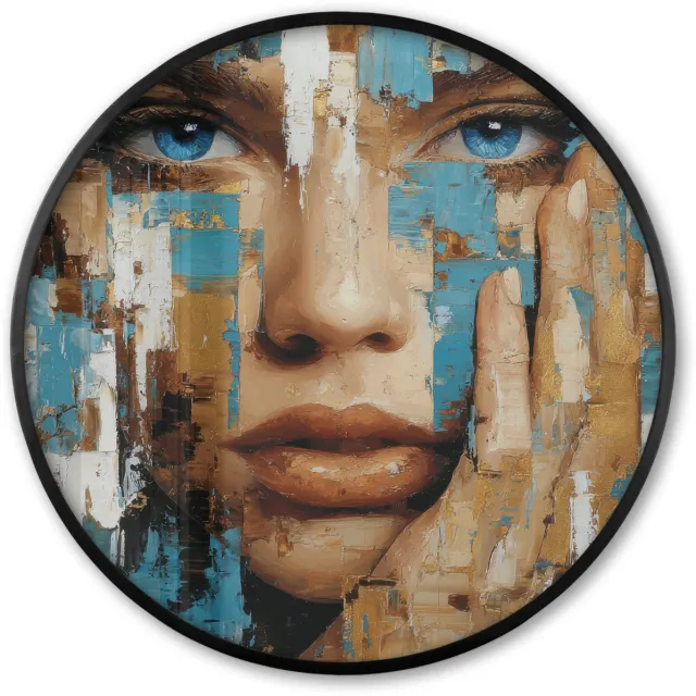 FrameYourWall Poster in lijst Rond - Fotolijst 80x80 cm - Posters - Abstract - Penseelstreken - Blauw - Gezicht - Ronde posterlijst zwart - Decoratie - Wanddecoratie woonkamer - Muurdecoratie slaapkamer Abstract - Penseelstreken - Gezicht
