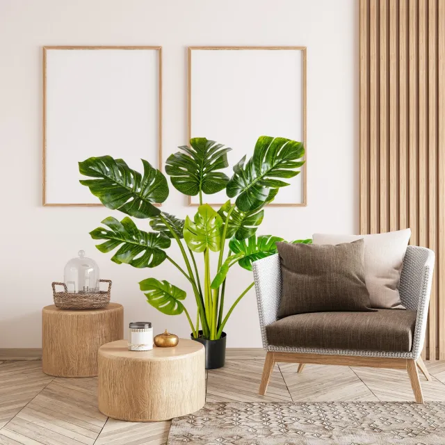 REDOM Kunstplant Monstera - Realistische grote bladeren - Inclusief zwarte bloempot - Voor binnen & buiten - Kunststof - 110 cm Green
