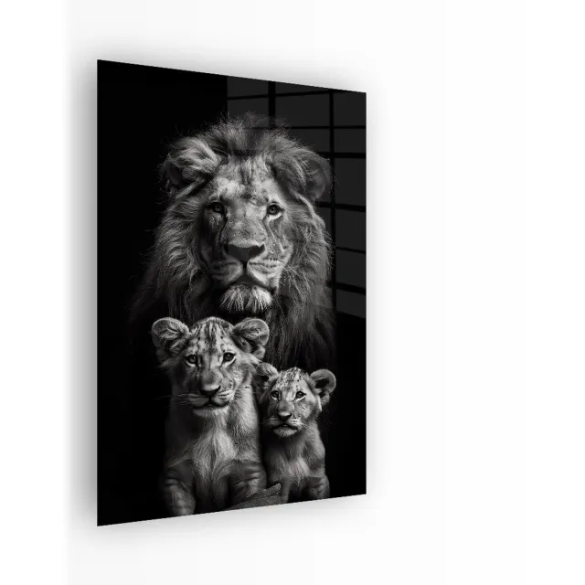Indoorart Glasschilderij Leeuw Vaderliefde 40x60 CM - Afbeelding op plexiglas - Inclusief montagemateriaal zwart, wit