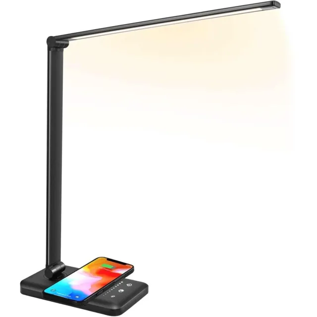 GelldG Bureaulamp - LED - USB en Draadloos Mobiel Opladen - Timer - Dimbare Klemlamp - leeslamp - Wit en Warm Licht - Aanraakbediening - Geschikt voor werk, studie, lezen en handwerk - Zwart