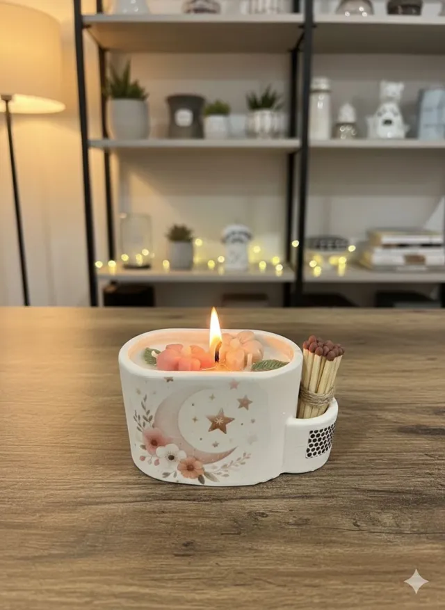 Lumen and Lux Candles Sfeervolle Kaars in Keramische Houder met Lucifers – Maan & Sterren Design wit - ivoor