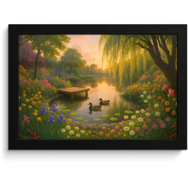 FrameYourWall Poster in lijst - Fotolijst 30x20 cm - Posters - Eenden - Vijver - Bloemen - Posterlijst zwart - Decoratie - Wanddecoratie woonkamer - Muurdecoratie slaapkamer