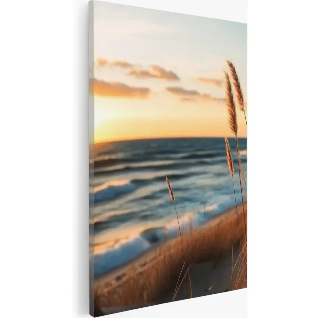 Saammp Canvas Schilderij - Zonsondergang vanuit de duinen - Strand - Zee - 30x40 - Foto op canvas - Wanddecoratie - muurdecoratie Woonkamer - Slaapkamer decoratie - Canvas Print Multicolor