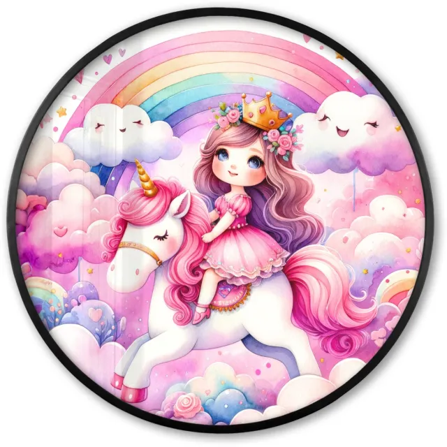 FrameYourWall Poster in lijst Rond - Fotolijst 80x80 cm - Posters - Eenhoorn - Prinses - Unicorn - Roze - Regenboog - Ronde posterlijst zwart - Decoratie - Wanddecoratie woonkamer - Muurdecoratie slaapkamer