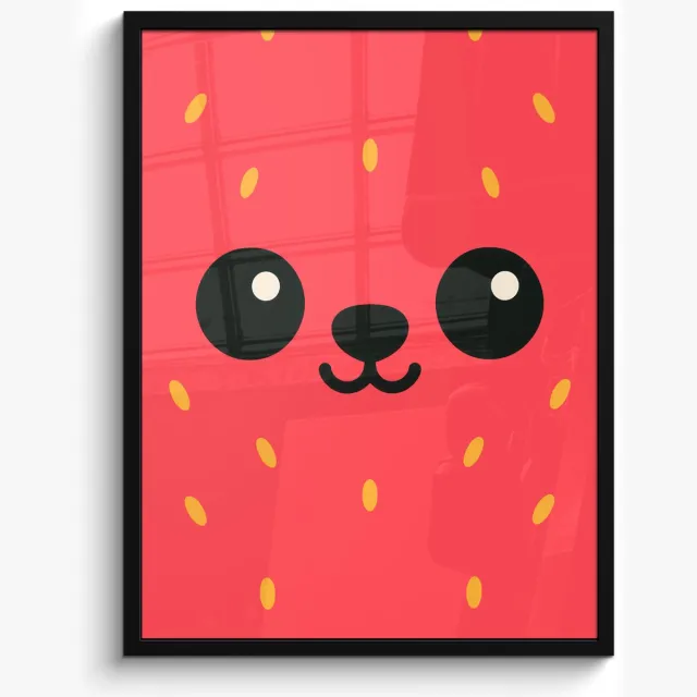 FrameYourWall Poster in lijst - Fotolijst 50x70 cm - Posters - Kat - Aardbei - Cartoon - Posterlijst zwart - Decoratie - Wanddecoratie woonkamer - Muurdecoratie slaapkamer