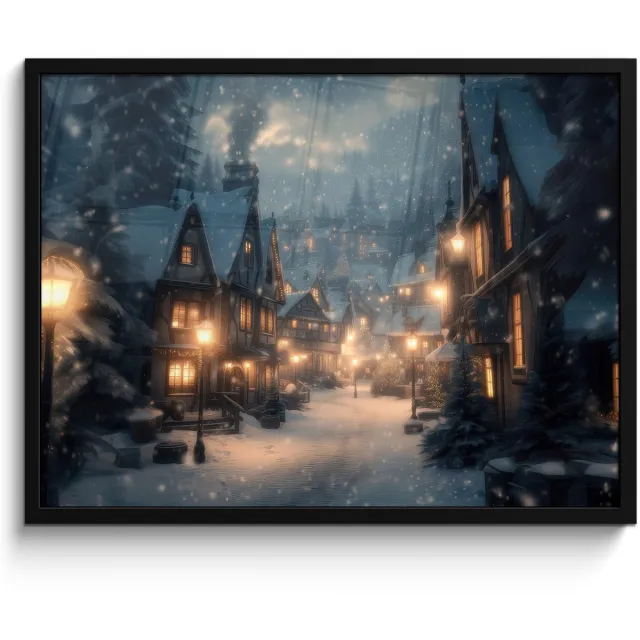 FrameYourWall Poster in lijst - Fotolijst 80x60 cm - Posters - Winterdorp - Sneeuw - Donker - Posterlijst zwart - Decoratie - Wanddecoratie woonkamer - Muurdecoratie slaapkamer