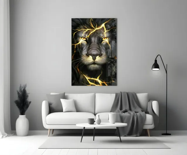 Insigne Art Glasschilderij - Leeuw met Bliksem - Krachtig Dieren Poster - 140x90 cm Bruin