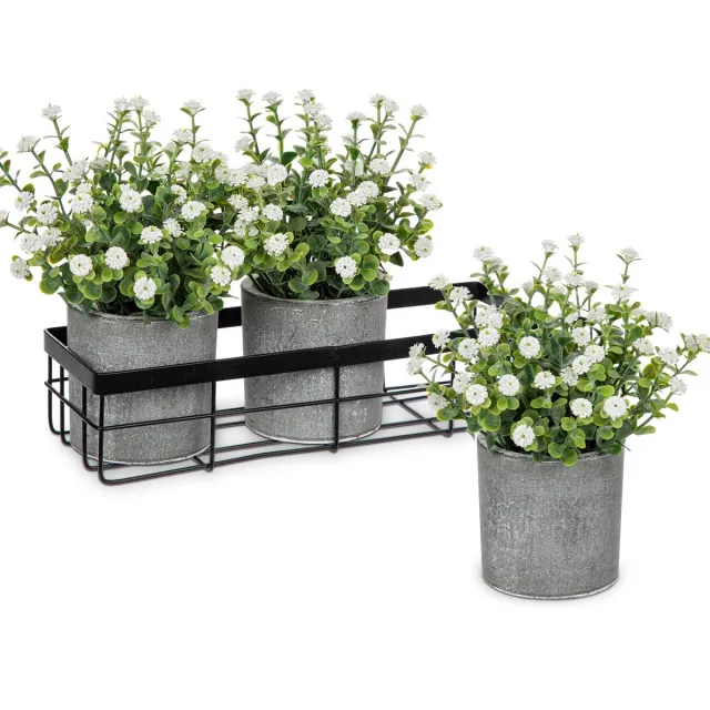 Unyqoos ® Set van 3 kunstkunstbloemen in pot met metalen mand, kunstbloemen als echte gypsophila, decoratieve bloemen voor thuis, raam, badkamer decoratie wit