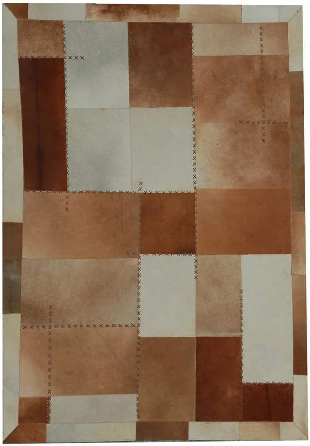 Padiro leren designvloerkleed 120 x 170 cm - donkerbruin - geometrisch ruiten- en blokkenpatroon - patchwork - voor vloerverwarming - van leer en vilt