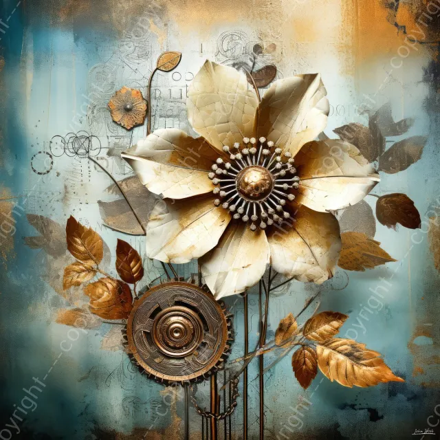 John Joseb Art (Aluminium) 80x80 | Bloemen en bladeren van metaal en tandwiel in Art Deco stijl, kunst | industrieel, vierkant, goud, bruin, blauw, grijs, modern | foto-schilderij op dibond, metaal wanddecoratie Aluminium, dikte 3 mm