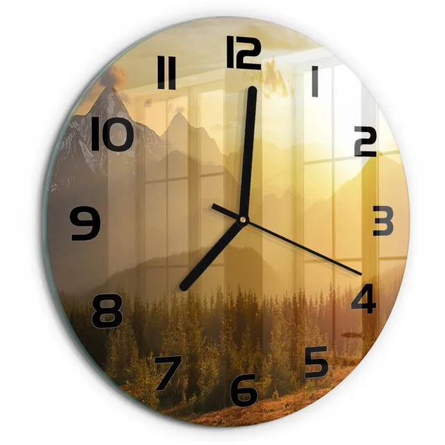 TULUP Wandklok - Bergen bij zonsondergang Gekleurde Glazen Klok - fi30 cm - Geel Glazen Klok Met Print - Zwarte handen - Ronde Klok - Moderne Wandklok Glas - Wandklok Glas Decoratie