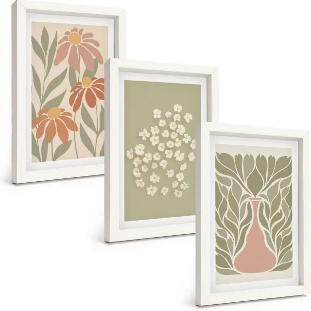 TULUP 3-Delige Schilderij Set - Bloemmotieven, minimalistische patronen, boho-stijl - 20x30 - Wanddecoratie - Muurdecoratie - Moderne Interieurdecoratie Witte lijst