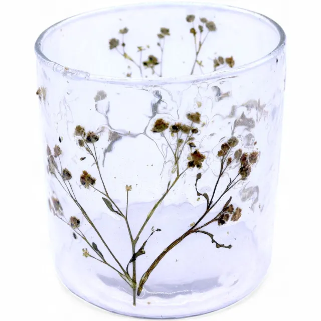 Ancient Wisdom Natuurlijke glazen kaarsenhouder met bloemenmotief - Rechte kaarsenhouder - Margarita - (8x8cm)