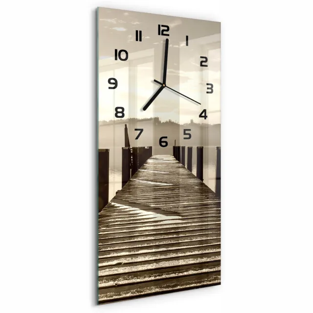 TULUP Wandklok - Houten brug Glazen Klok Met Print - 30x60 cm - Bruin Wandklok Glas Met Motief - Zwarte handen - Rechthoekige Klok - Wandklok Glas Decoratie - Gekleurde Glazen Klok