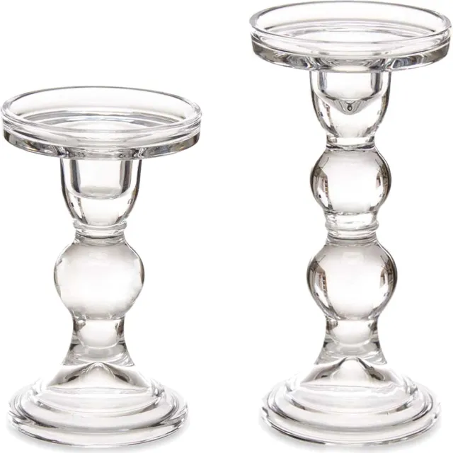 Giftdecor Kaarsen kandelaar set van decoratief glas - voor stompkaarsen - 18 en 14 cm in hoogte Transparant