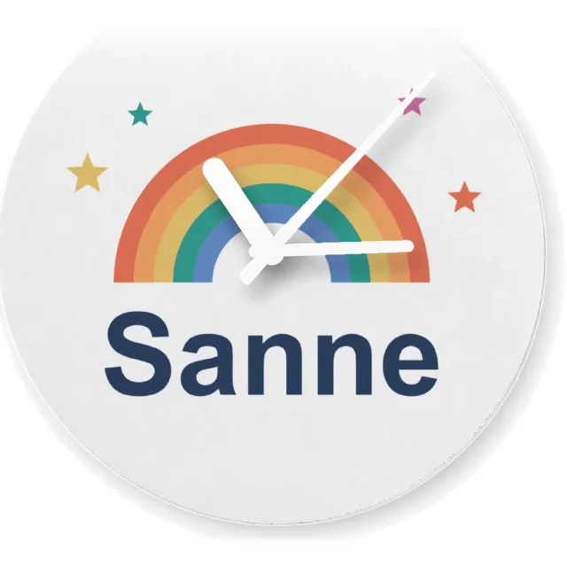 Mr Cadeautjes Glazen klok Ø 20 - design Regenboog met naam Sanne | cadeau Wit