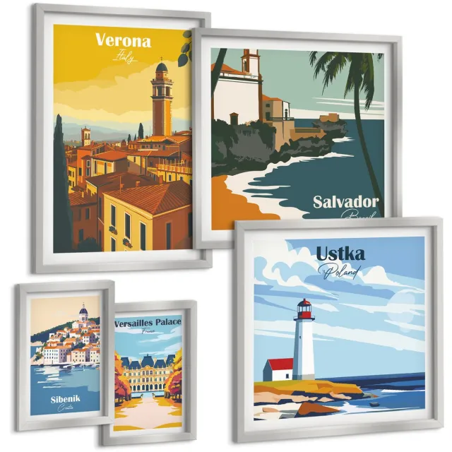 TULUP 4-Delige Schilderij Set - Landschappen van Europese steden met vuurtorens en paleizen - 50 x 50 cm, 20 x 30 cm en 40 x 60 cm - Muurdecoratie - Decoratieve Schilderijen - Wohnzimmer - Wanddecoratie Zilveren lijst