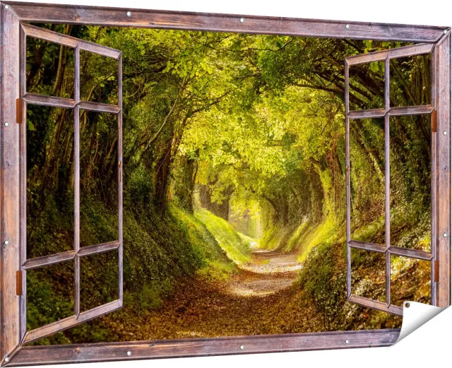 Gards Tuinposter Doorkijk Pad in het Bos met veel Bladeren - 180x120 cm - Tuindoek - Tuindecoratie - Wanddecoratie buiten - Tuinschilderij Multikleur