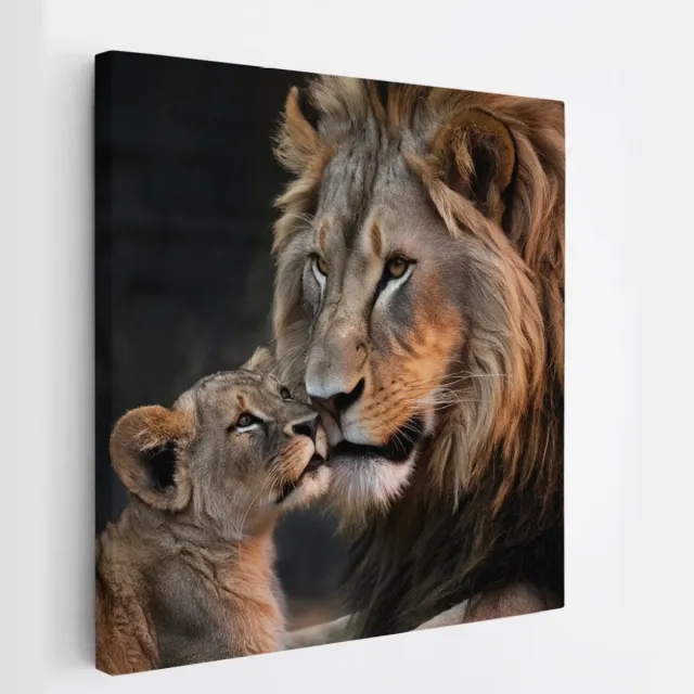 Saammp Canvas Schilderij - Leeuw met welp - Dieren - Natuur - 30x30 - Foto op canvas - Wanddecoratie - Muurdecoratie Woonkamer - Slaapkamer decoratie - Canvas Print Multicolor