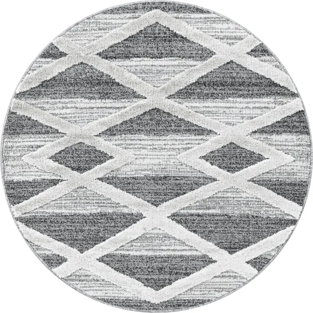 Ayyildiz Hoogpolig vloerkleed met geometrisch patroon, grijs, geschikt voor de woonkamer, met jute achterkant, rond formaat: 200 cm.