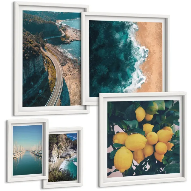 TULUP 4-Delige Schilderij Set - Kustlandschappen met stranden en citrusvruchten - 50 x 50 cm, 20 x 30 cm en 40 x 60 cm - Muurdecoratie - Wanddecoratie - Slaapkamer - Decoratieve Schilderijen Witte lijst