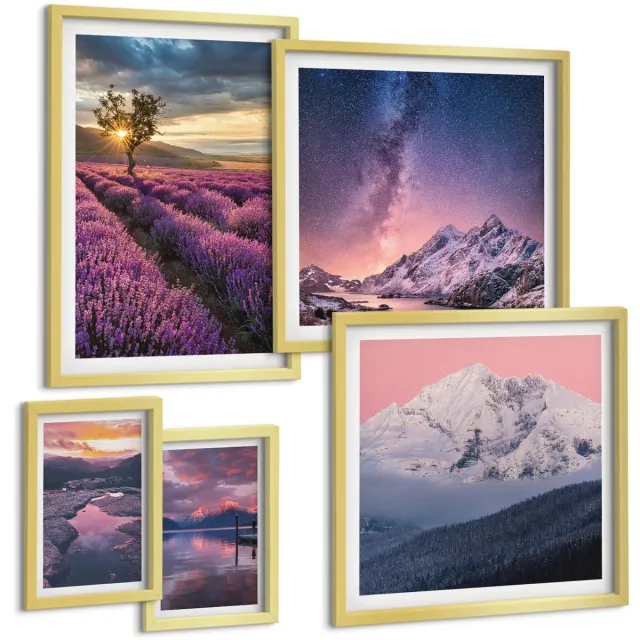 TULUP 5-Delige Schilderij Set - Natuurlandschappen met lavendelvelden en bergen - 50 x 50 cm, 20 x 30 cm en 40 x 60 cm - Wanddecoratie - Muurdecoratie - Woonkamer - Stijlvolle Muurdecoratie Gouden lijst