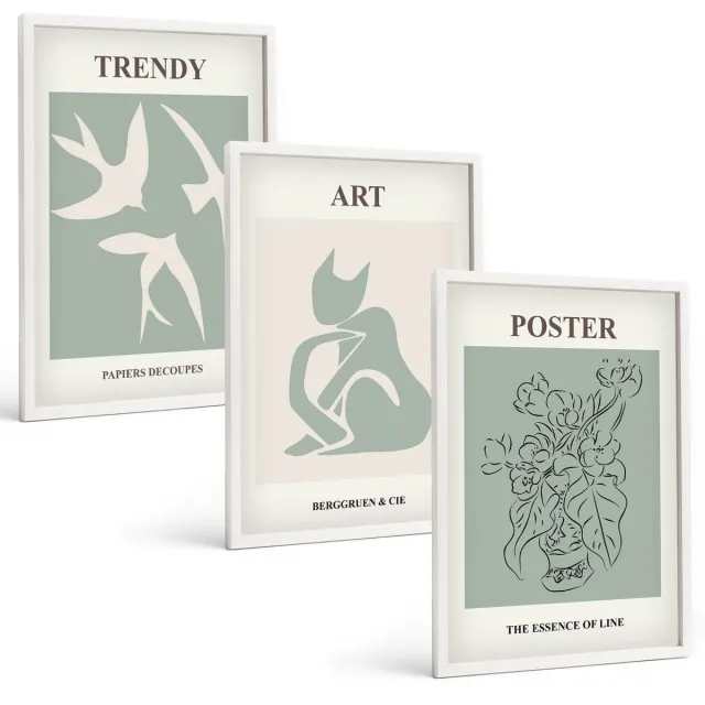 TULUP 3-Delige Schilderij Set - Stijlvolle illustraties van Henri Matisse - 40x60 - Wanddecoratie - Schilderijen Set - Kantoor - Interieur Decoratie Witte lijst