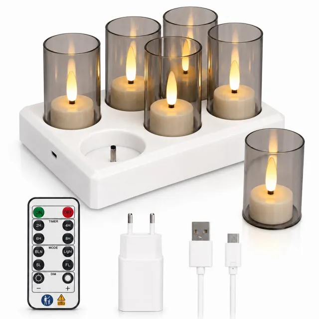 Huttutu LED Kaarsen - Led Kaarsen Met Afstandsbediening - 6-delige Set met Oplaadstation en Afstandsbediening - Dimbare en Timerfunctie - met Grijze Hoezen - Waxinelichtjes - Kerst Kaarsen -Kerstverlichting - Geschikt voor Verjaardag Feest en Woondecoratie Heeft een lampenkap