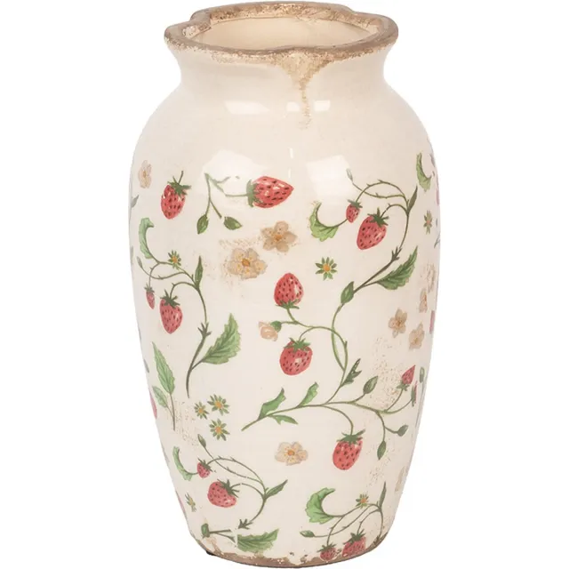 Clayre & Eef Vaas Ø 16x27 cm Beige Rood Keramiek Aardbeien