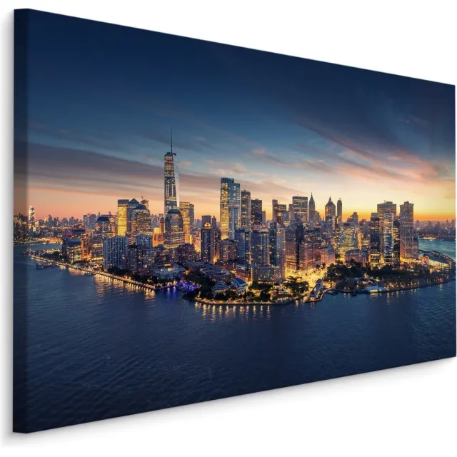 karo-art Schilderij Panorama van New York City in de avond, blauw, 4 maten, premium print Multikleur