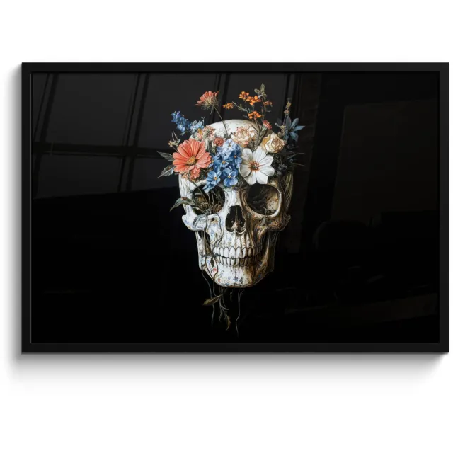 FrameYourWall Poster in lijst - Fotolijst 90x60 cm - Posters - Bloemen - Schedel - Kleurrijk - Posterlijst zwart - Decoratie - Wanddecoratie woonkamer - Muurdecoratie slaapkamer