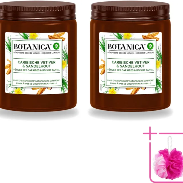 Air Wick 2 x Botanica by Air Wick - Geurkaars - Vetiver & Sandelhout - 40 Uur Brandduur - Bulkverpakking - Geurkaars vetiver sandelhout - Douchemop - Vetiver geur Bruin