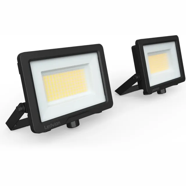 LEDVION 2x Performance LED-schijnwerper buiten, IP66, 50W, 135lm/w, natuurlijk wit, 4000K, superhelder, breedstraler, buitenlamp Zwart