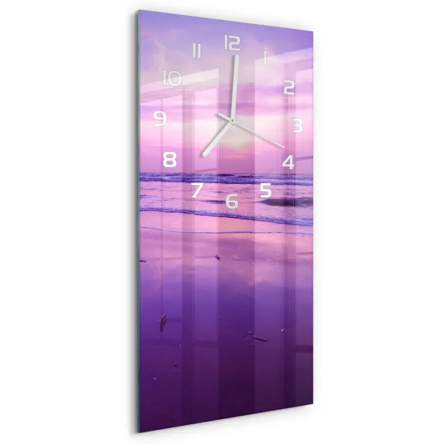 TULUP Wandklok - Zonsondergang Zee Klok Glas Met Opdruk - 30x60 cm - Paars Moderne Wandklok Glas - Witte handen - Rechthoekige Klok - Decoratieve Glazen Klok - Glazen Wandklok Design