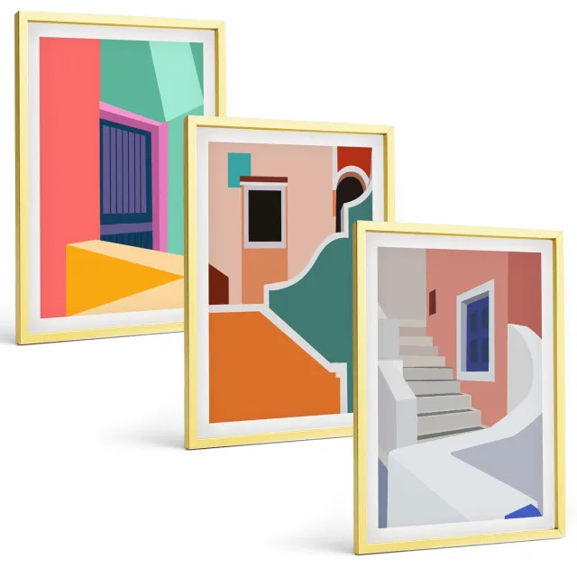 TULUP 4-Delige Schilderij Set - Kleurrijke illustraties van gebouwen in een moderne stijl. - 40 x 60 cm - Schilderijen Set - Wanddecoratie - Woonkamer - Woonkamer Decoratie Gouden lijst