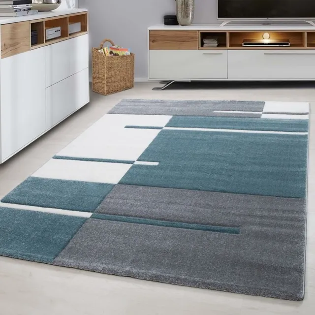 Ayyildiz Kortpolig vloerkleed, geruit patroon, blauw, woonkamerkleed, jute achterkant, afmeting: 160 cm x 230 cm
