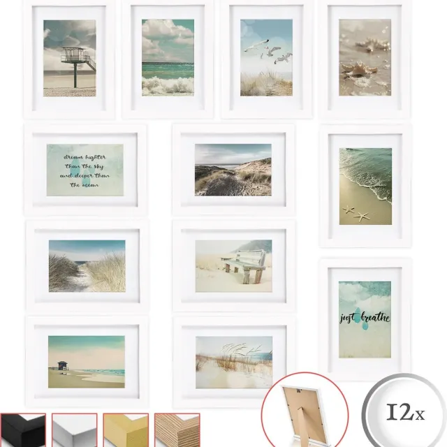 bomoe Ocean Set van 12 Fotolijsten Houten Picture Frames 12 x 13x18cm Kunststof glas Fotolijst van Hout - Metalen Ophanging - Standaard & Passepartout - Wit