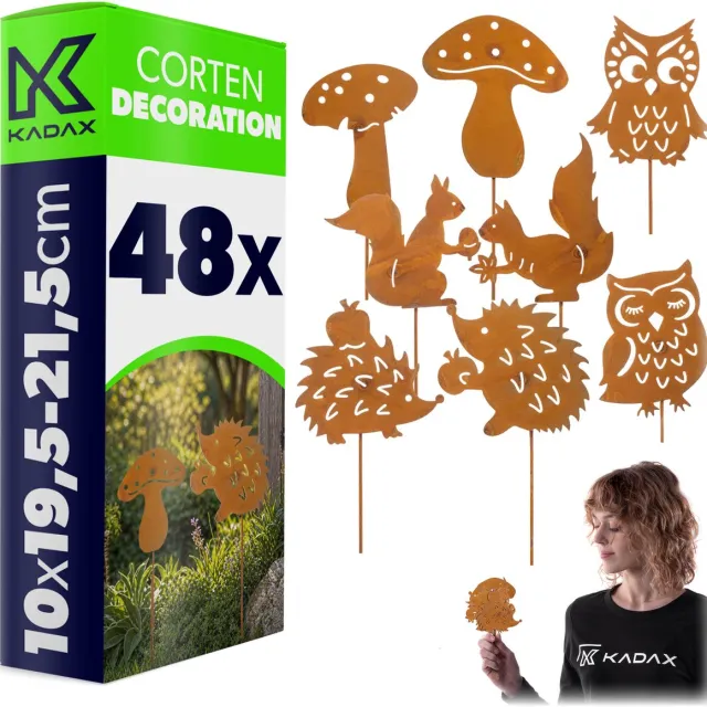 KADAX tuinpluggen van cortenstaal, set van 48, roestfiguren met uilen, egels, eekhoorns en paddenstoelen, roestige tuinfiguren, weerbestendige metalen decoratie voor in de tuin Roestbruin
