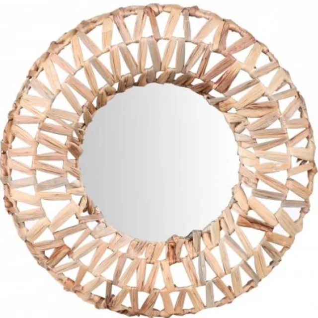 Natural Living wandspiegel bohemian - rond - bruin - met ophanghaak - riet - Dia 46cm - Ibiza stijl Lichtbruin