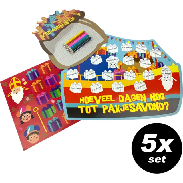 PartyFX 5x Sinterklaas Set met aftelkalender, stickers, kleurplaat, kleurpotloden en verlanglijstjes - schoencadeau Multicolor