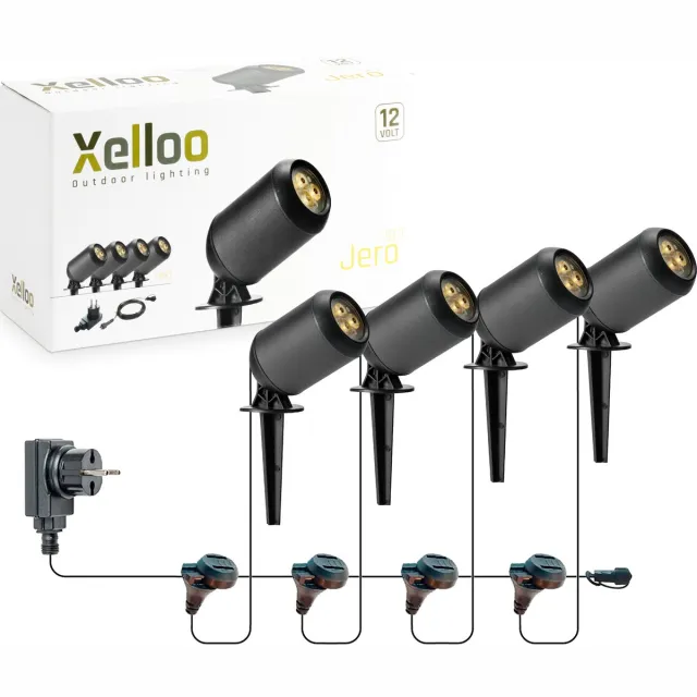 Xelloo LED Tuinverlichting set Jero van 4 Stuks - 8 meter - Warm Wit Licht - 12V Grondspots voor buiten met Stekker - IP44 Waterbestendig - Tuin Verlichting op Stroom 12 Volt - incl. trafo, kabel en schuifaansluiting - Buitenverlichting Zwart