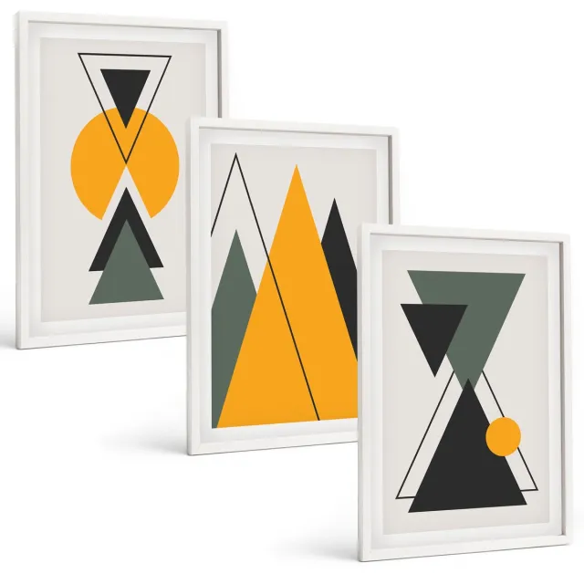 TULUP 3-Delige Schilderij Set - Abstracte geometrische vormen - 40x60 - Moderne Wanddecoratie - Slaapkamer - Decoratieve Schilderijen Witte lijst